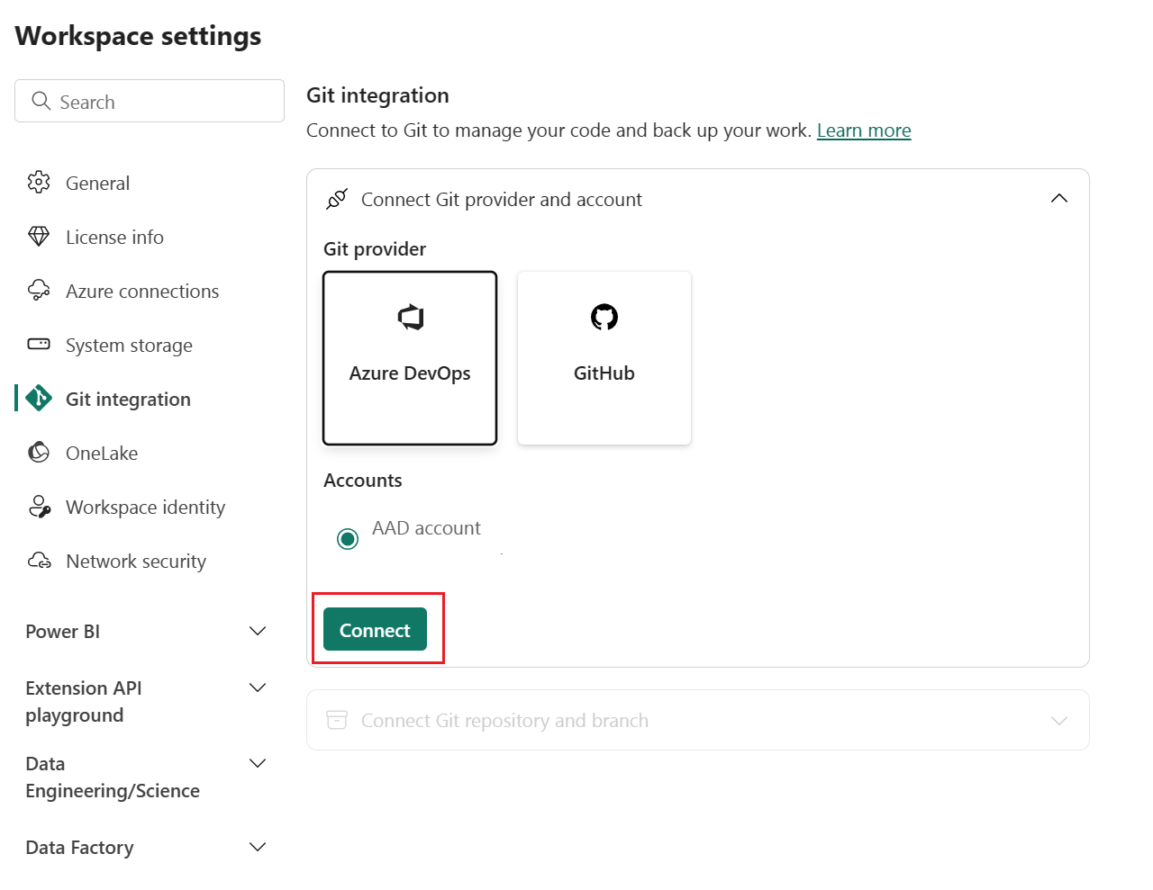 Screenshot showing the Fabric git integration screen.