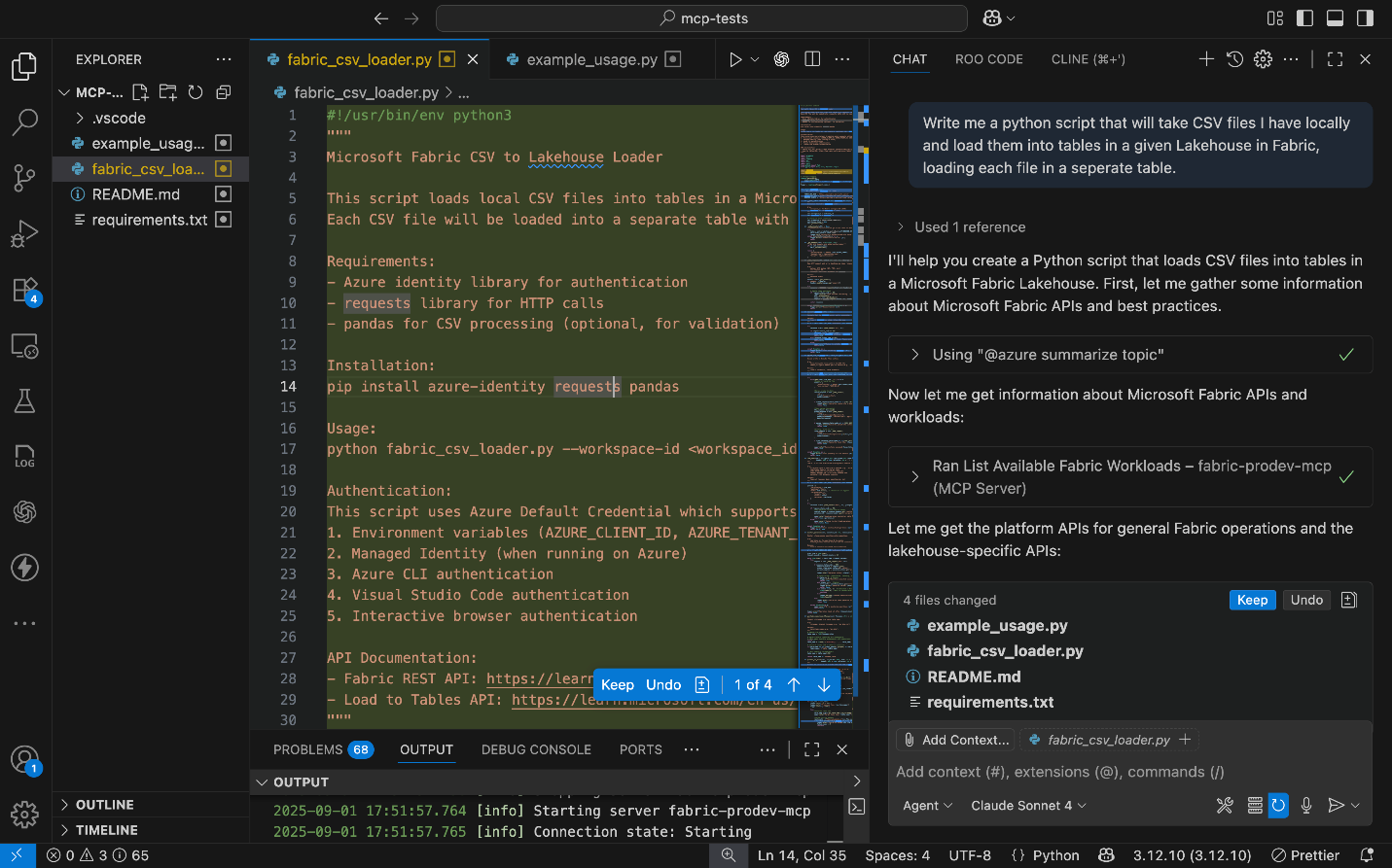 Asking GitHub Copilot in VSCode to generate a python script using the Fabric MCP