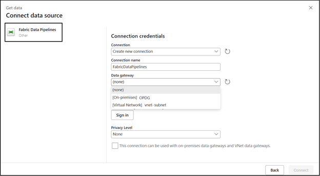 Choose gateway connection for invoking Fabric data pipeline