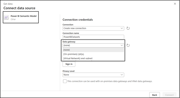 Choose gateway connection for Semantic model refresh