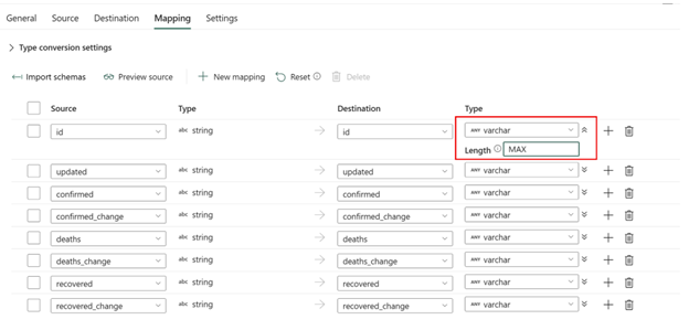 data type settings in DW connector