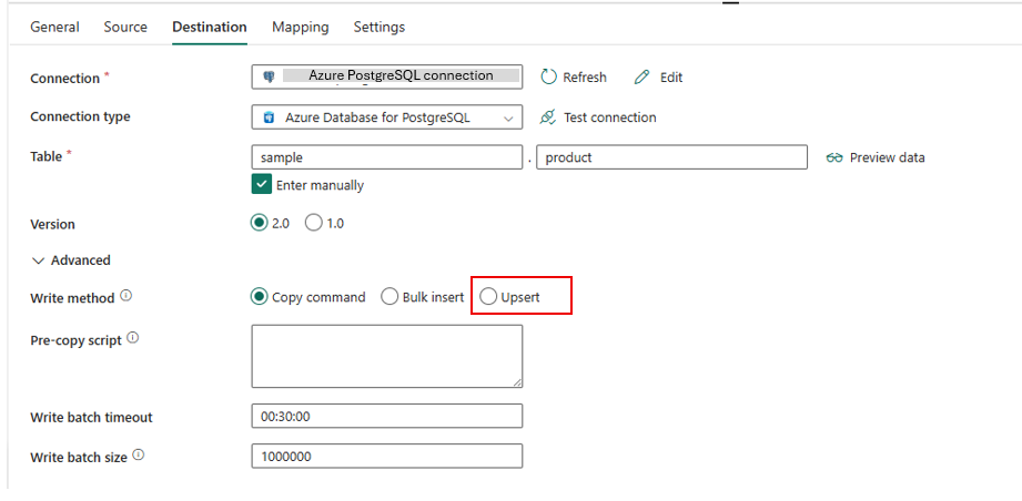 Table operation for upsert in Azure PostgreSQL connector