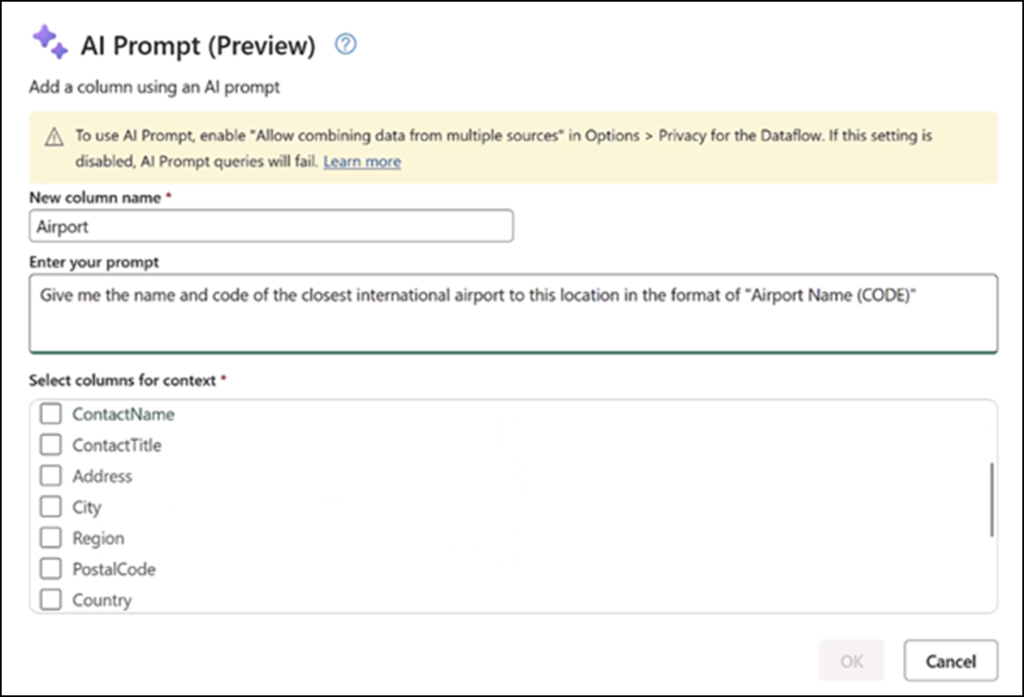 Screenshot of AI Prompt dialog in Dataflow Gen2 (CI/CD)