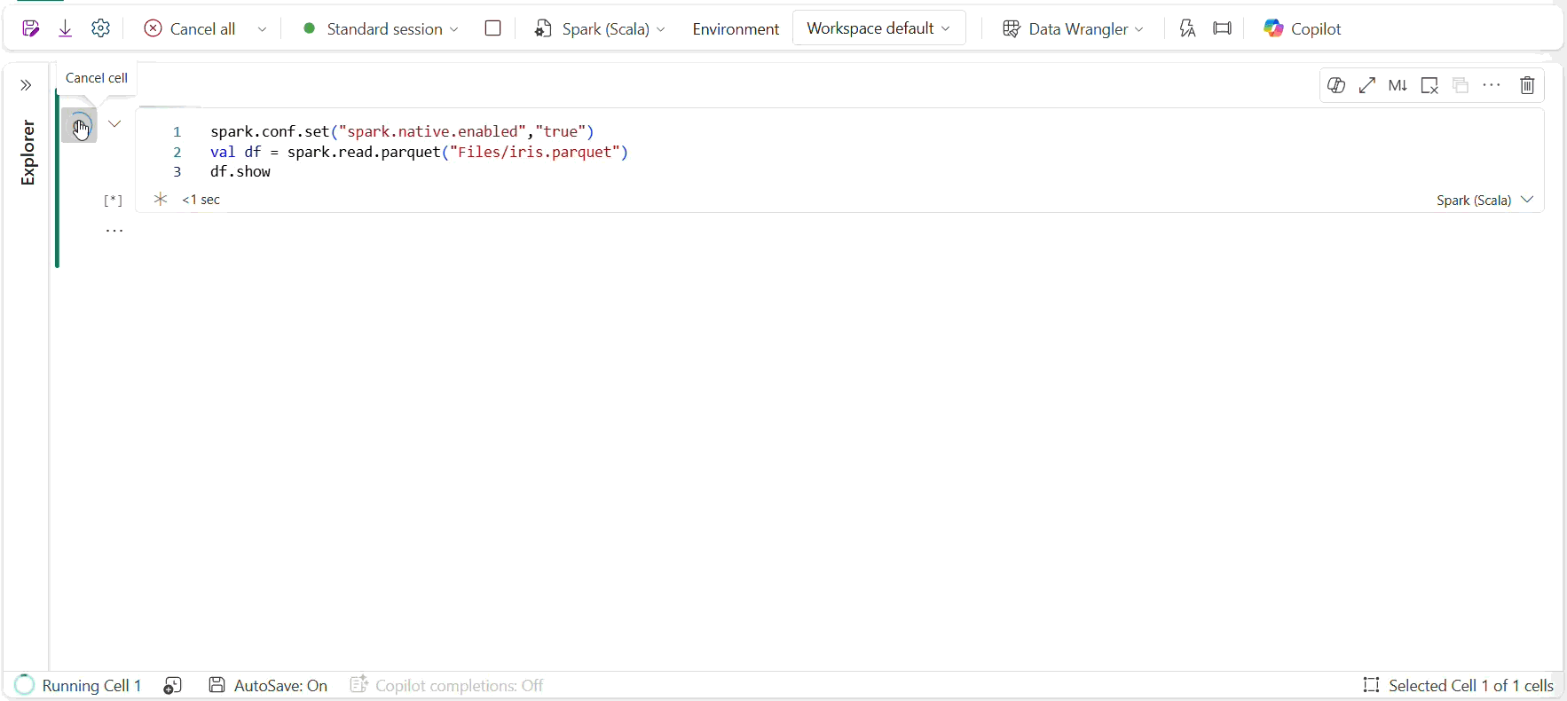 The clip displays a code snippet in an interactive Spark session indicating that part of the query fell back, highlighting the affected operator and the fallback reason.