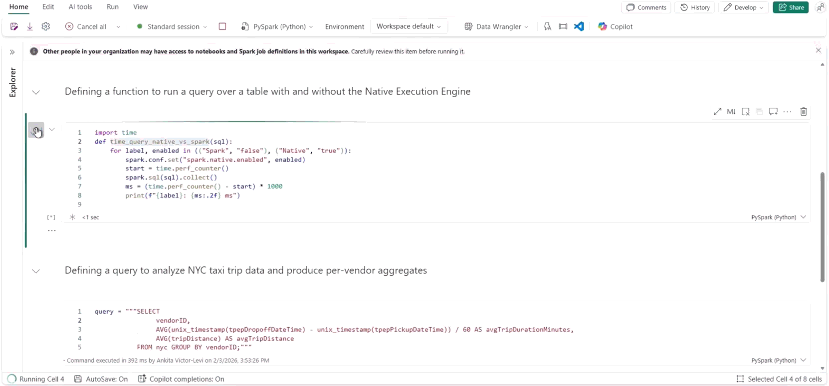 The clip displays a notebook, featuring a code cell where a function `time_query_native_vs_spark` is defined, and a query is executed to analyze NYC taxi trip data, comparing average trip duration and distance per vendor using both Native Execution Engine and Spark.The native version runs about 2.4 times faster.