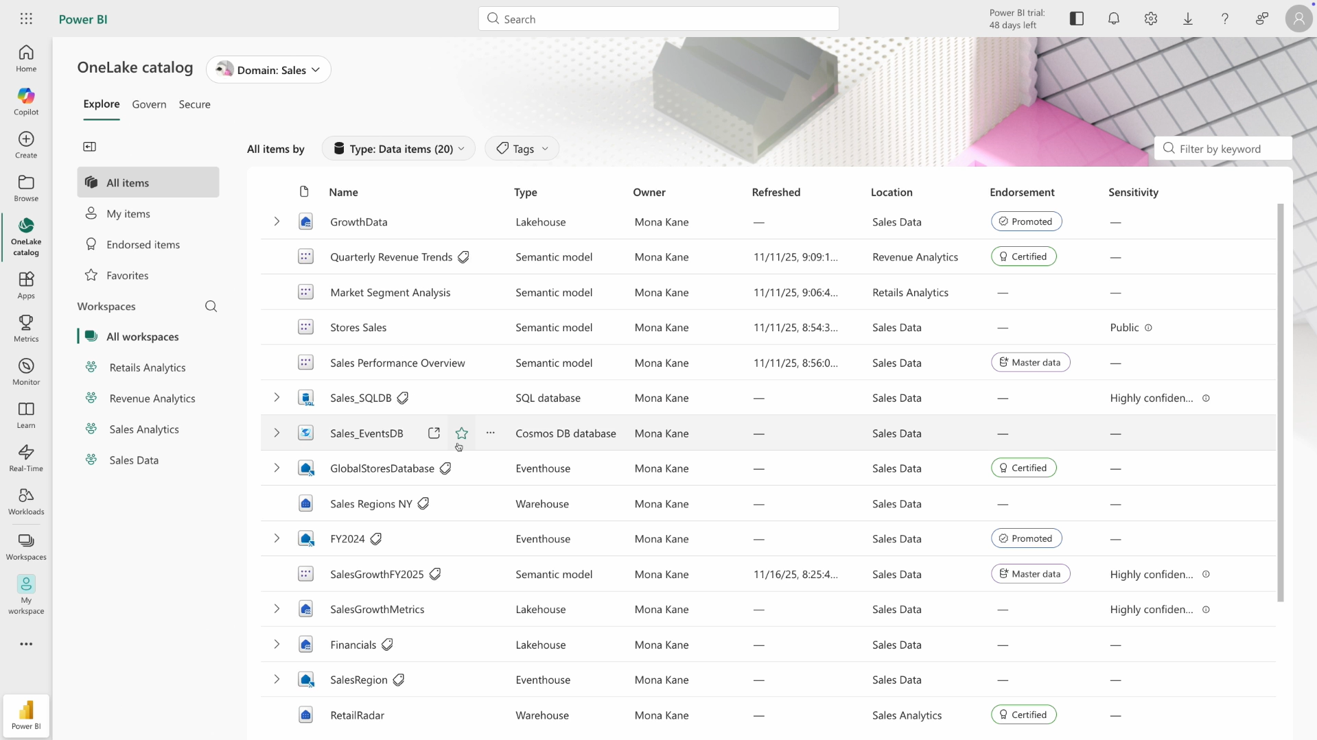 Screenshot of the OneLake Catalog Explore tab, displaying searchable data assets, filtering controls, and metadata such as asset name, type, and owner.