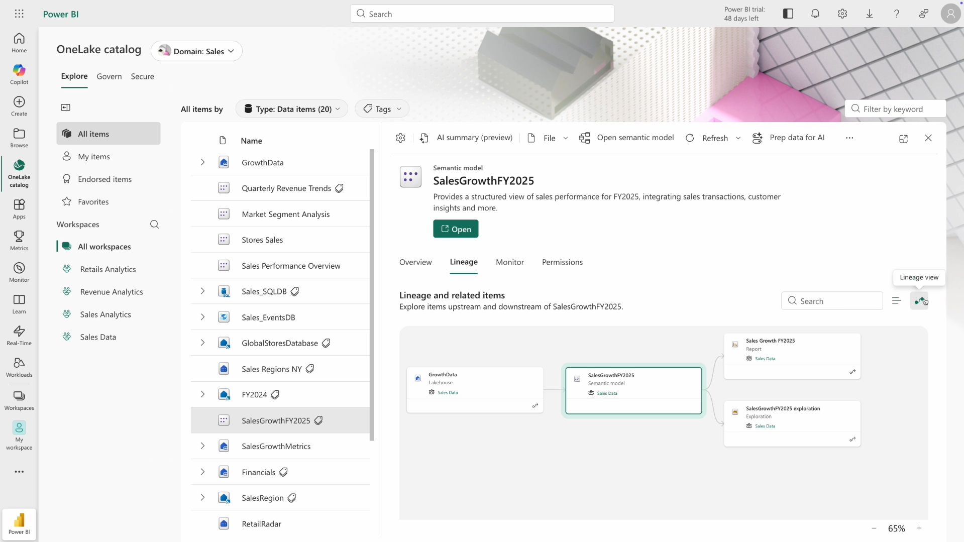 Screenshot of the OneLake Catalog Explore tab, displaying a double click into a data item and showing that data item's lineage.