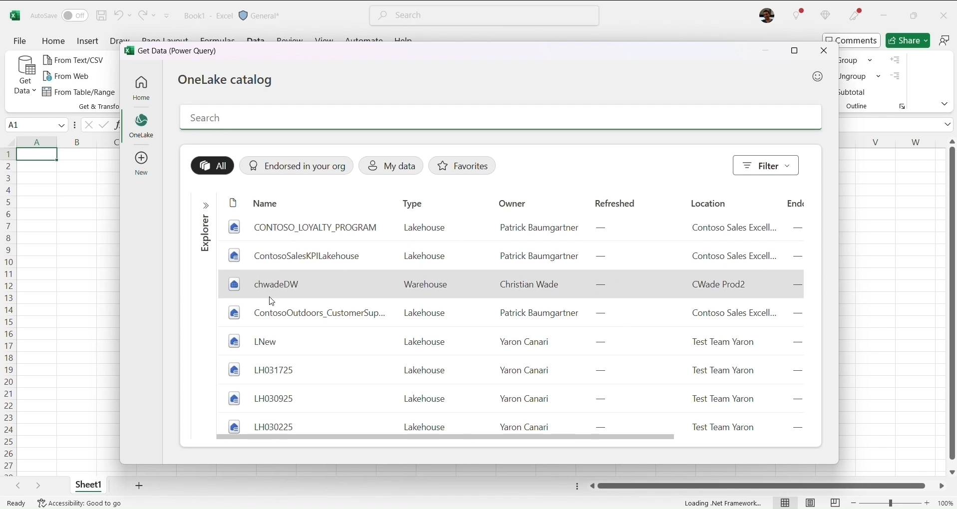 Screenshot of the OneLake Catalog embedded in Excel, showing data assets available to browse and select within the Excel interface