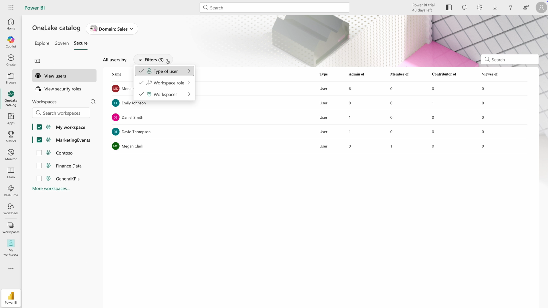 Screenshot of the OneLake Catalog Secure tab in Microsoft Fabric, showing the View Users page and the associated users in this organization