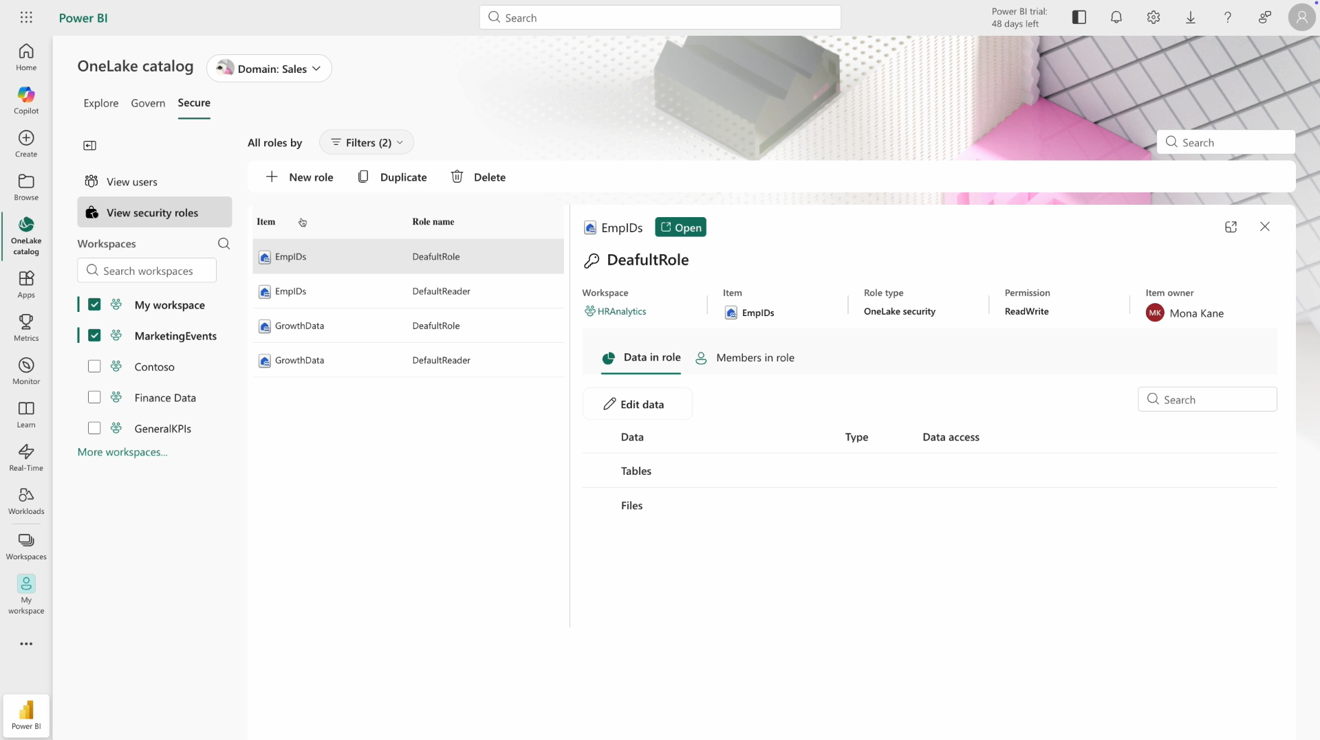 Screenshot of the OneLake Catalog Secure tab in Microsoft Fabric, showing the View Security Roles page and the associated roles that have been set up for this organization