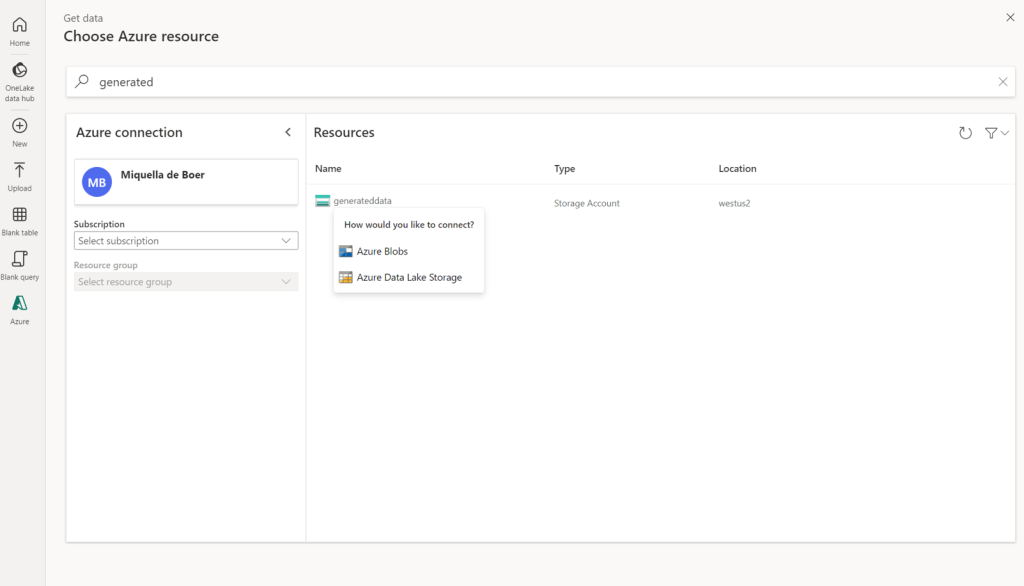 When connecting to a storage account, choose if you want to connect to blob and ADLS gen 2