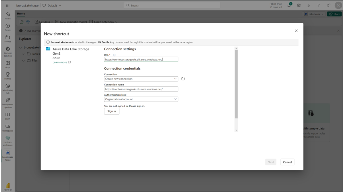 Create an ADLS g2 shortcut in a Lakehouse