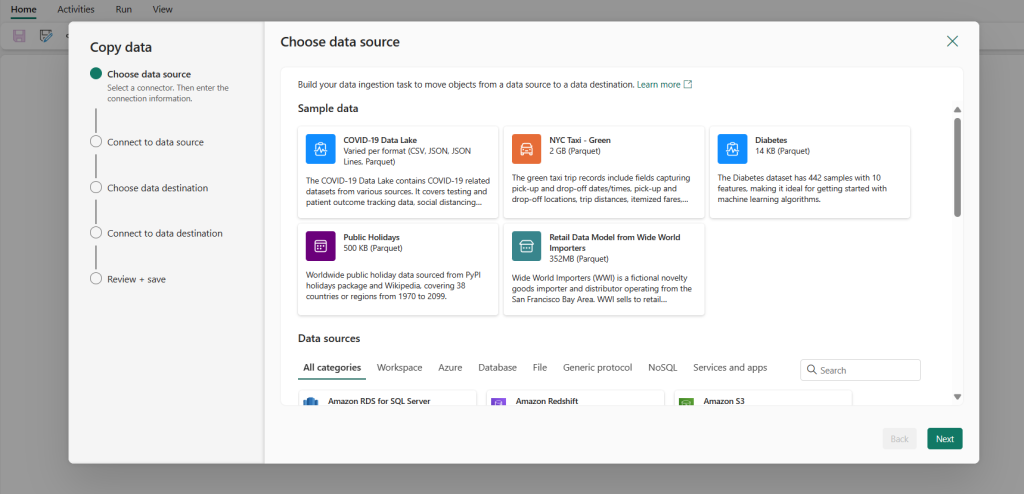 Data pipeline Copy data assistant 