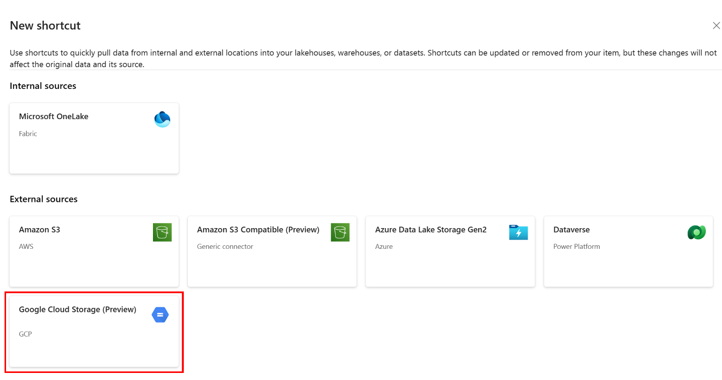 Screenshot of the New shortcut window showing the available shortcut types. The option titled Google Cloud Storage is highlighted.
