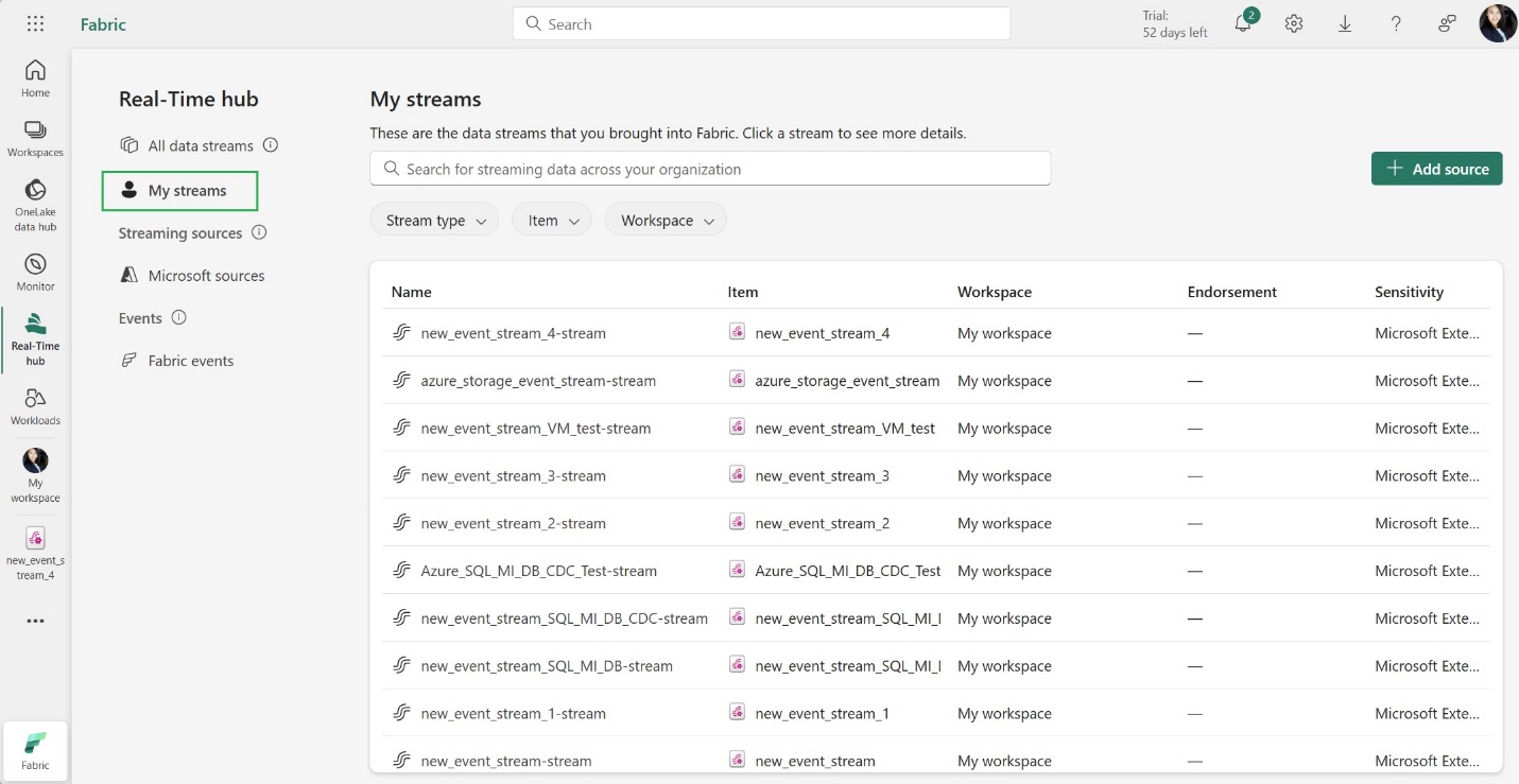 My Streams menu item on the new left navigation of Real-Time hub page