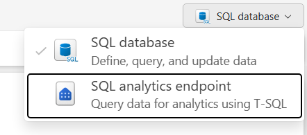 Screenshot of the toggle button in the editor to switch between SQL Database and SQL Analytics Endpoint