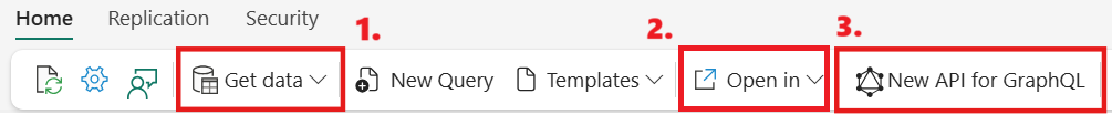 Screenshot showing the editor ribbon with a red highlight on the Get data (dataflow, data pipelines), Open in client tools, and New GraphQL APi buttons