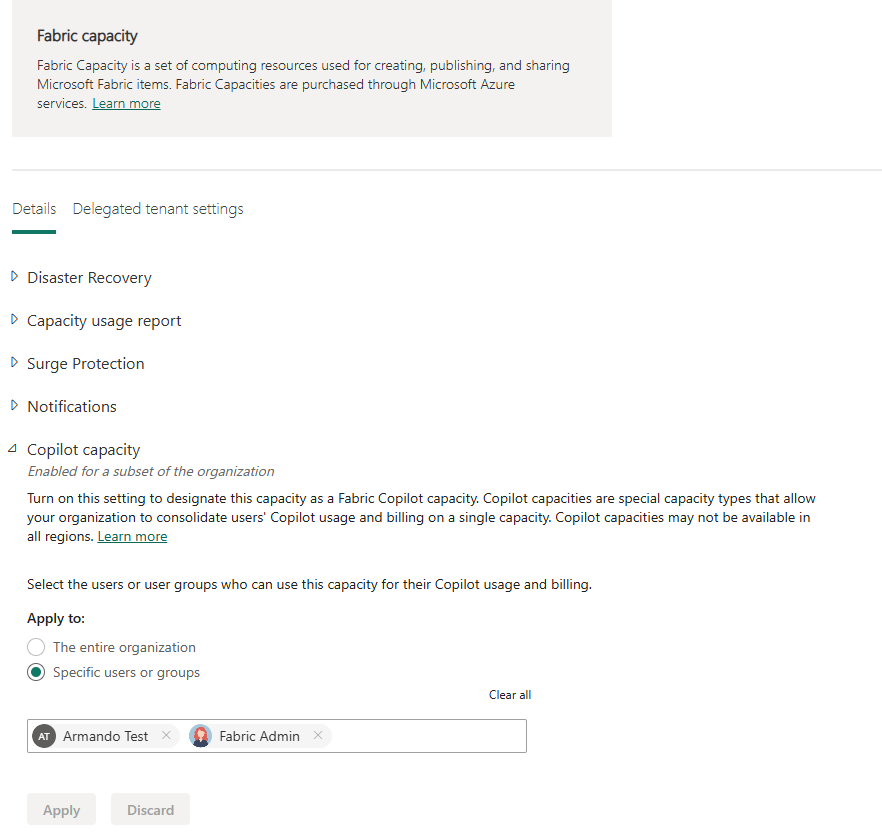 Fabric capacity setting allows admins to designate which users can bill their copilot usage to this capacity