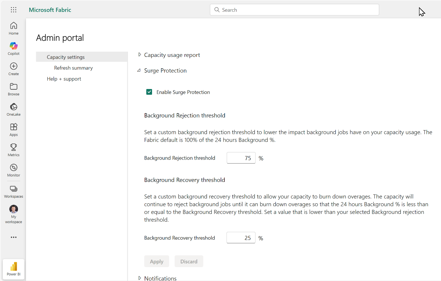 This is a screenshot showing new surge protection settings available to capacity admins.