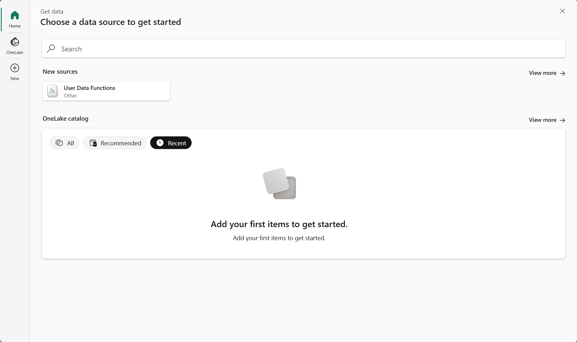 First part of the Get data experience where you can Choose a data source to get started.