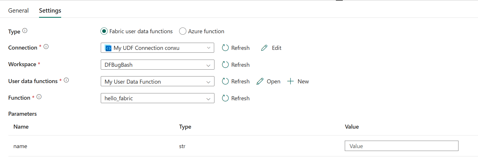 Configuring functions activity settings by filling out Type, Connection, Workspace, User data functions, and Function