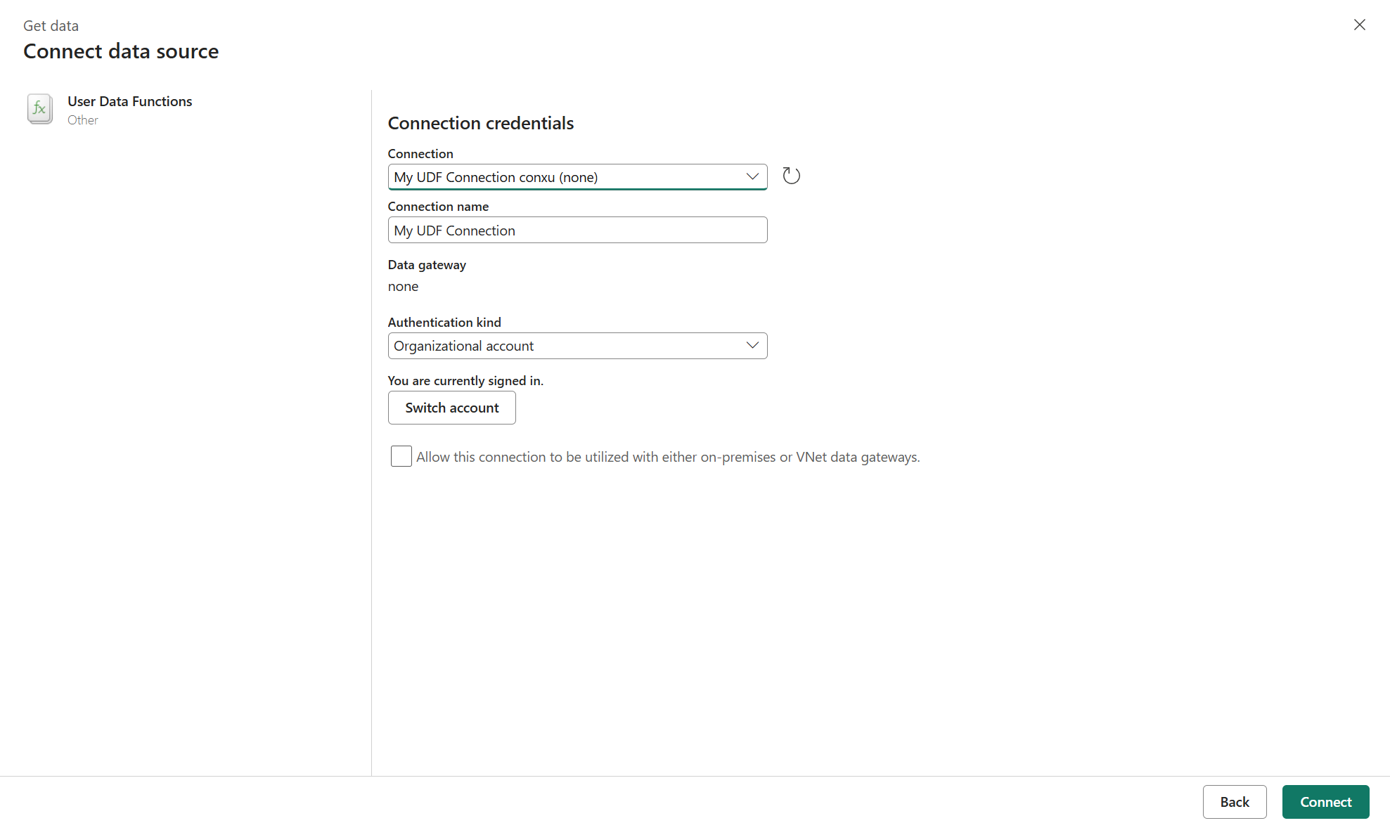 Second part of the Get data experience where you can Connect to a data source.
