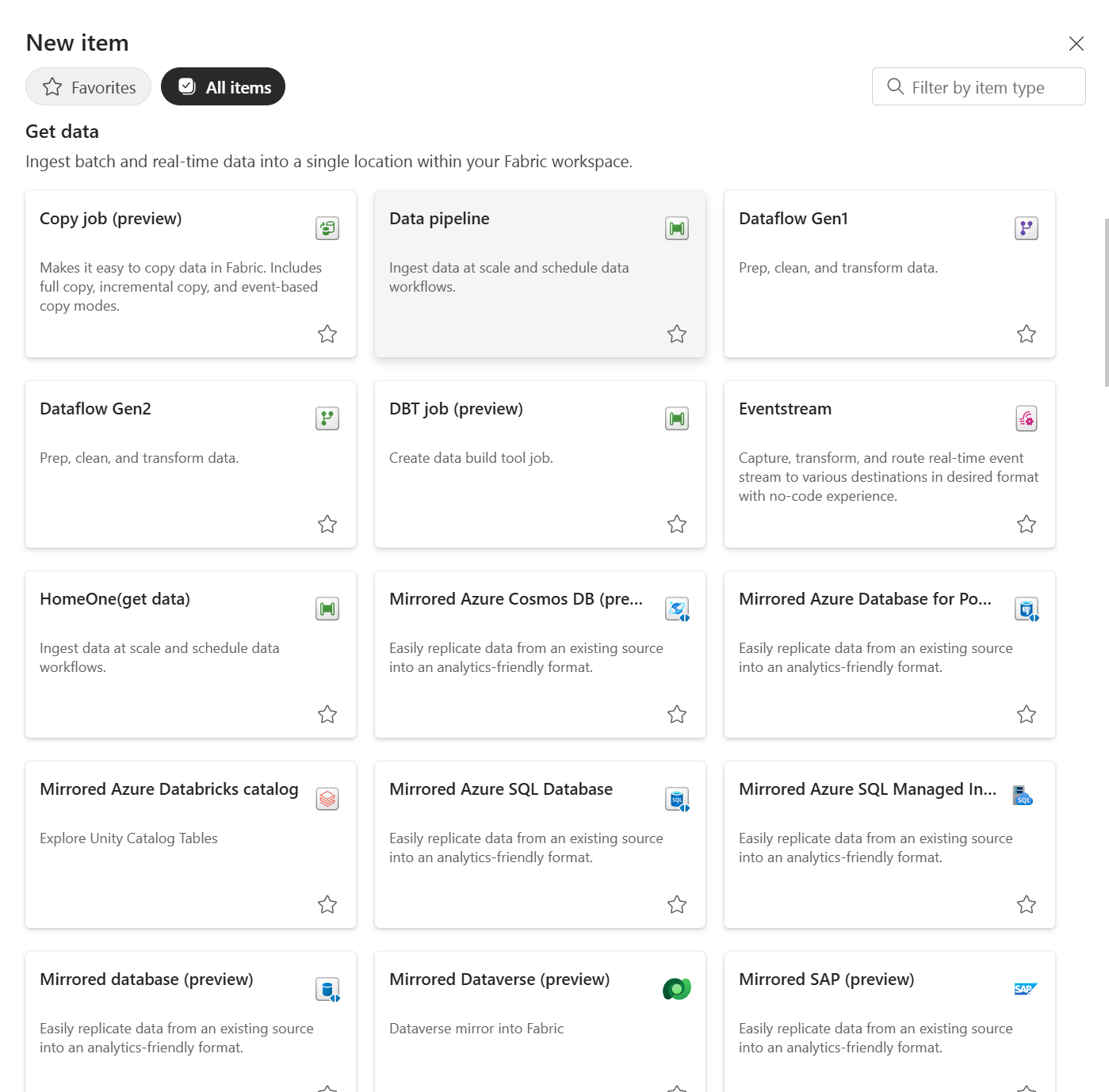 Data pipeline item in Fabric New item pane.