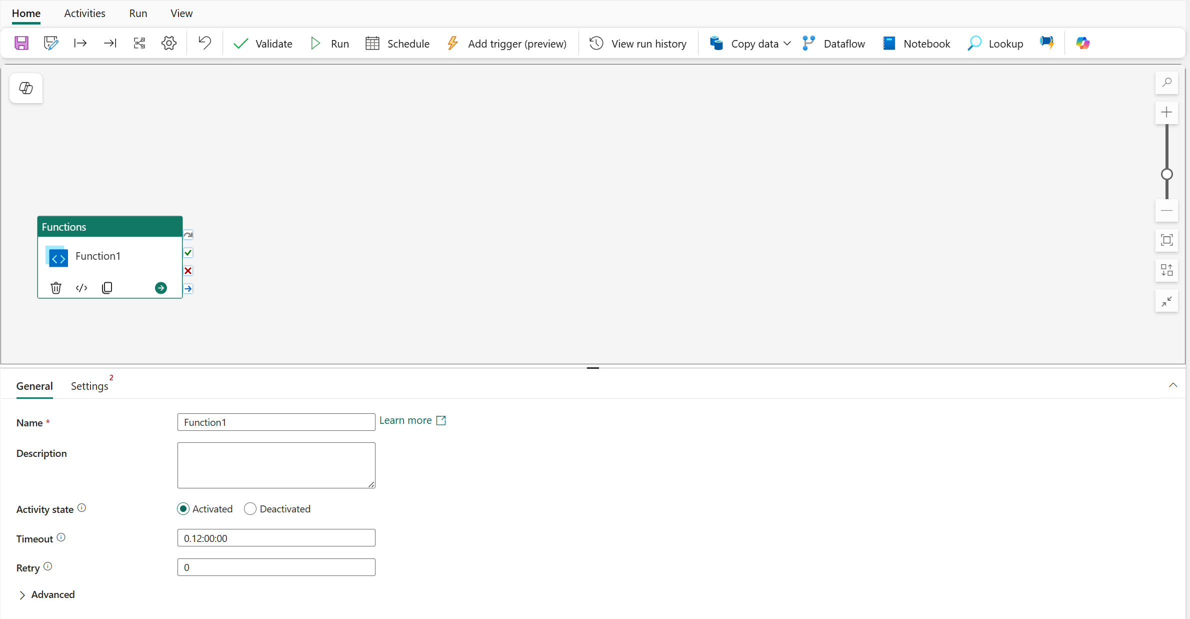 Functions activity in pipelines canvas with a General tab followed by a Settings tab.