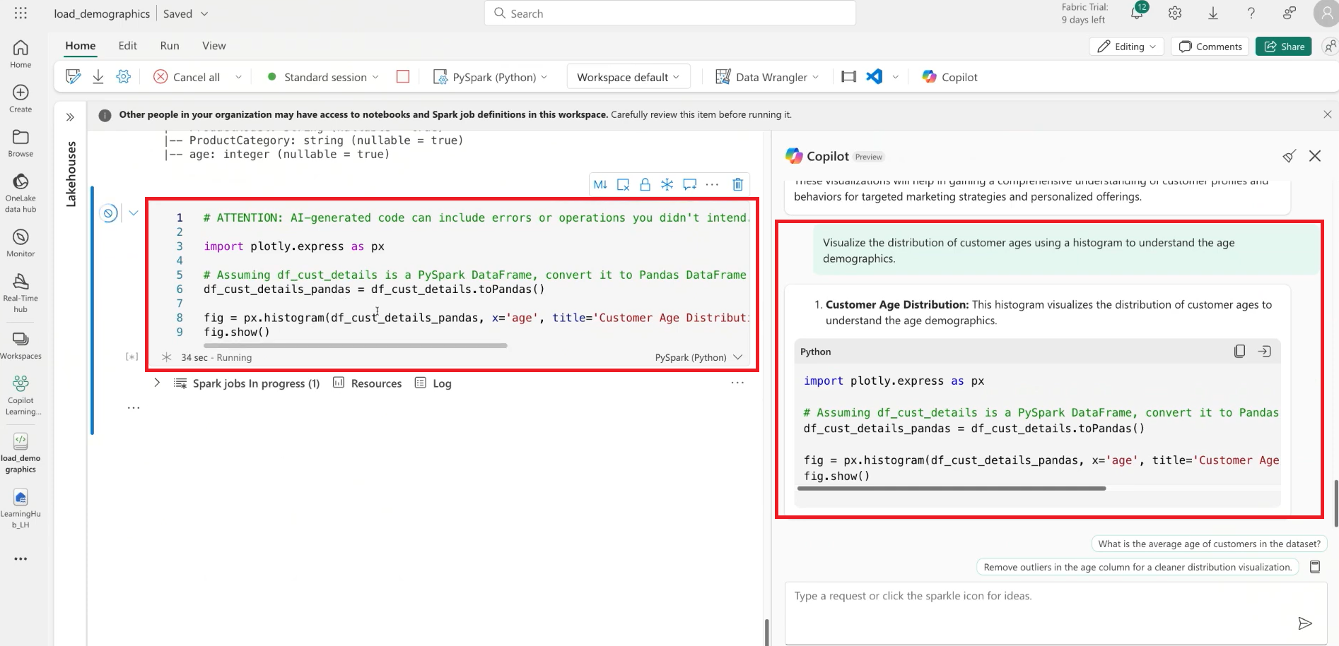 A notebook using copilot to generate code for data visualization