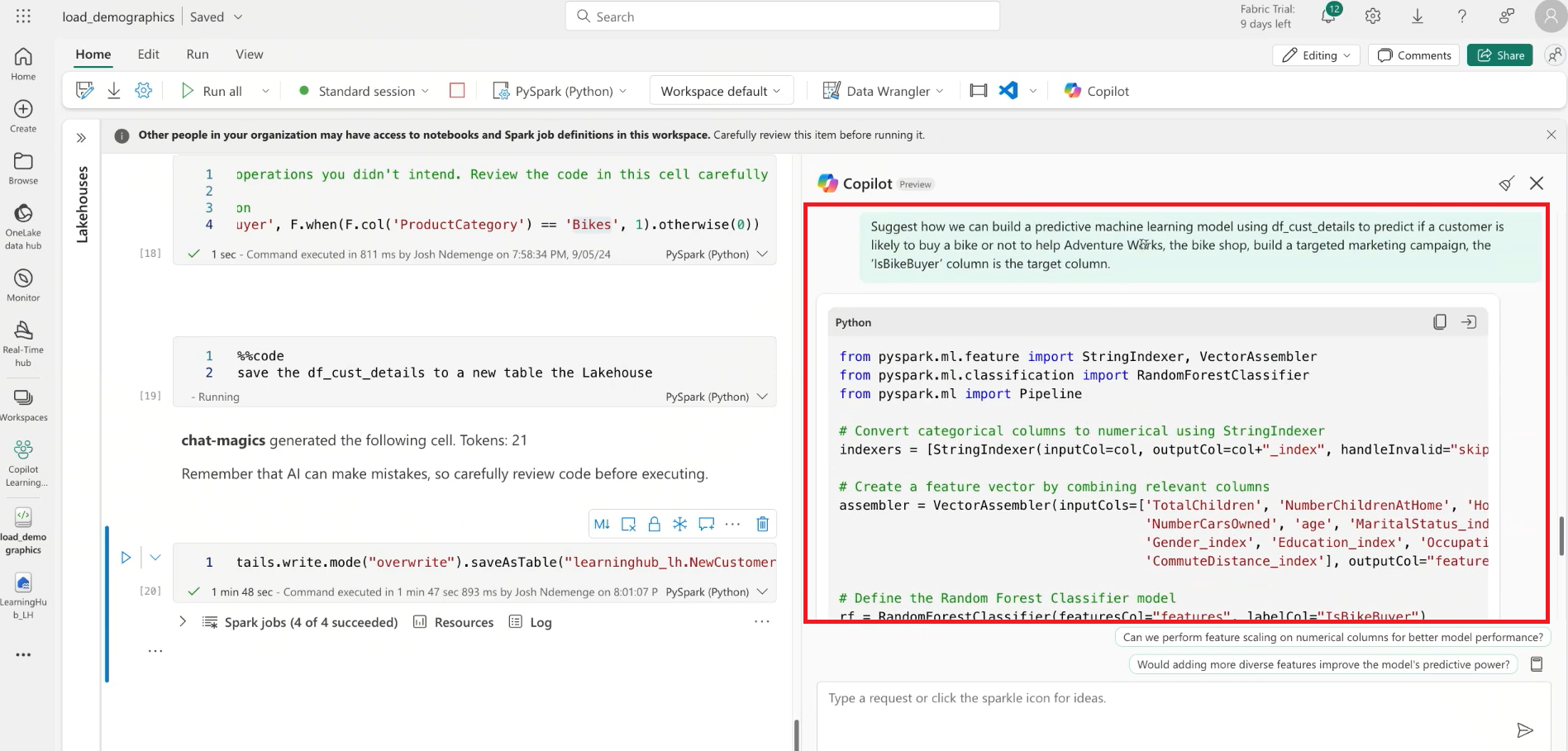 Copilot Chat panel inside a notebook to suggest code for a predictive analysis machine learning model