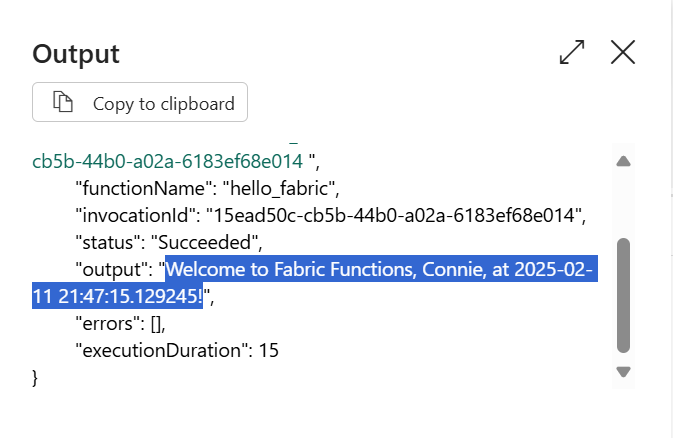 Output of functions activity that displayed a welcome message with the name input and current time.