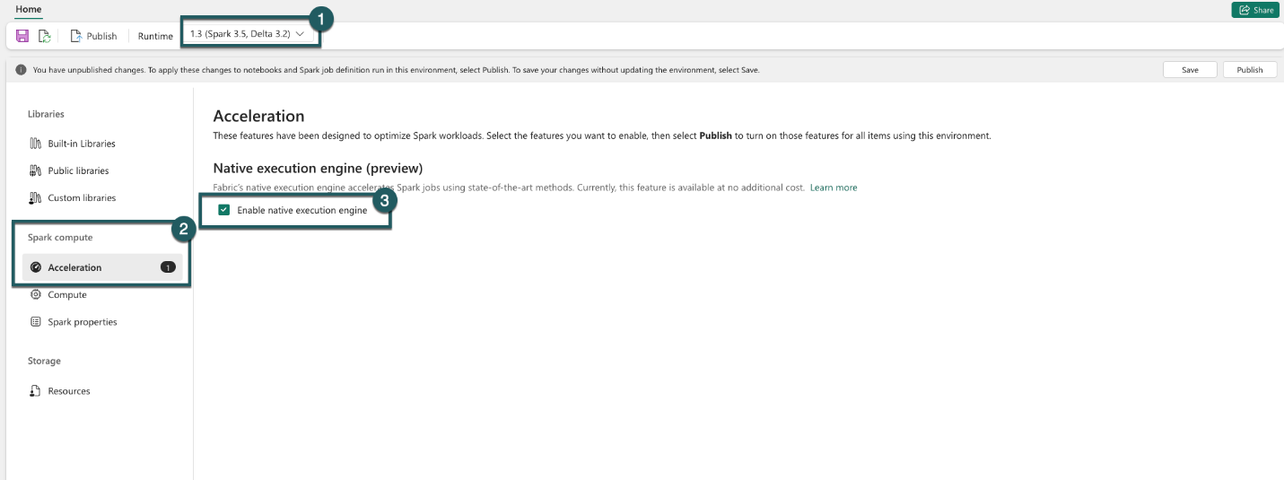 Screenshot showing how to enable the native execution engine inside the environment item.