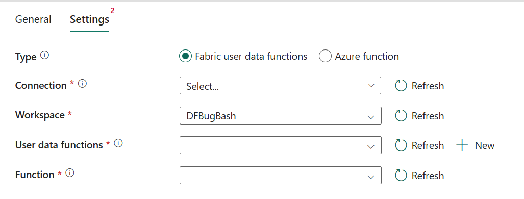 Settings panel of the functions activity that has options for Type, Connection, Workspace, User data functions, and Function.