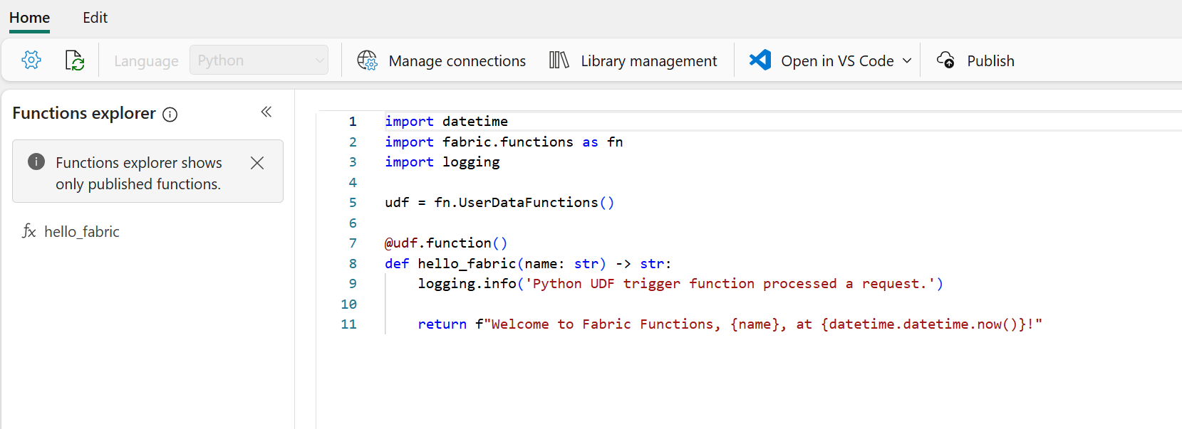 User data functions Functions explorer + Functions pane that displays the hello_fabric function.