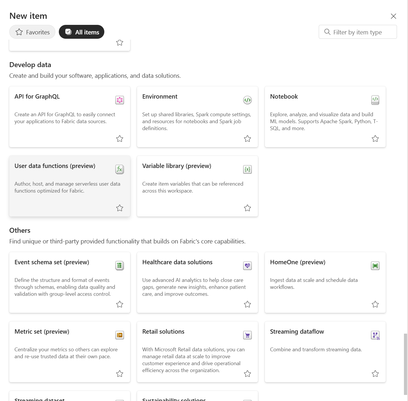 User data functions (preview) item in Fabric's new item list.