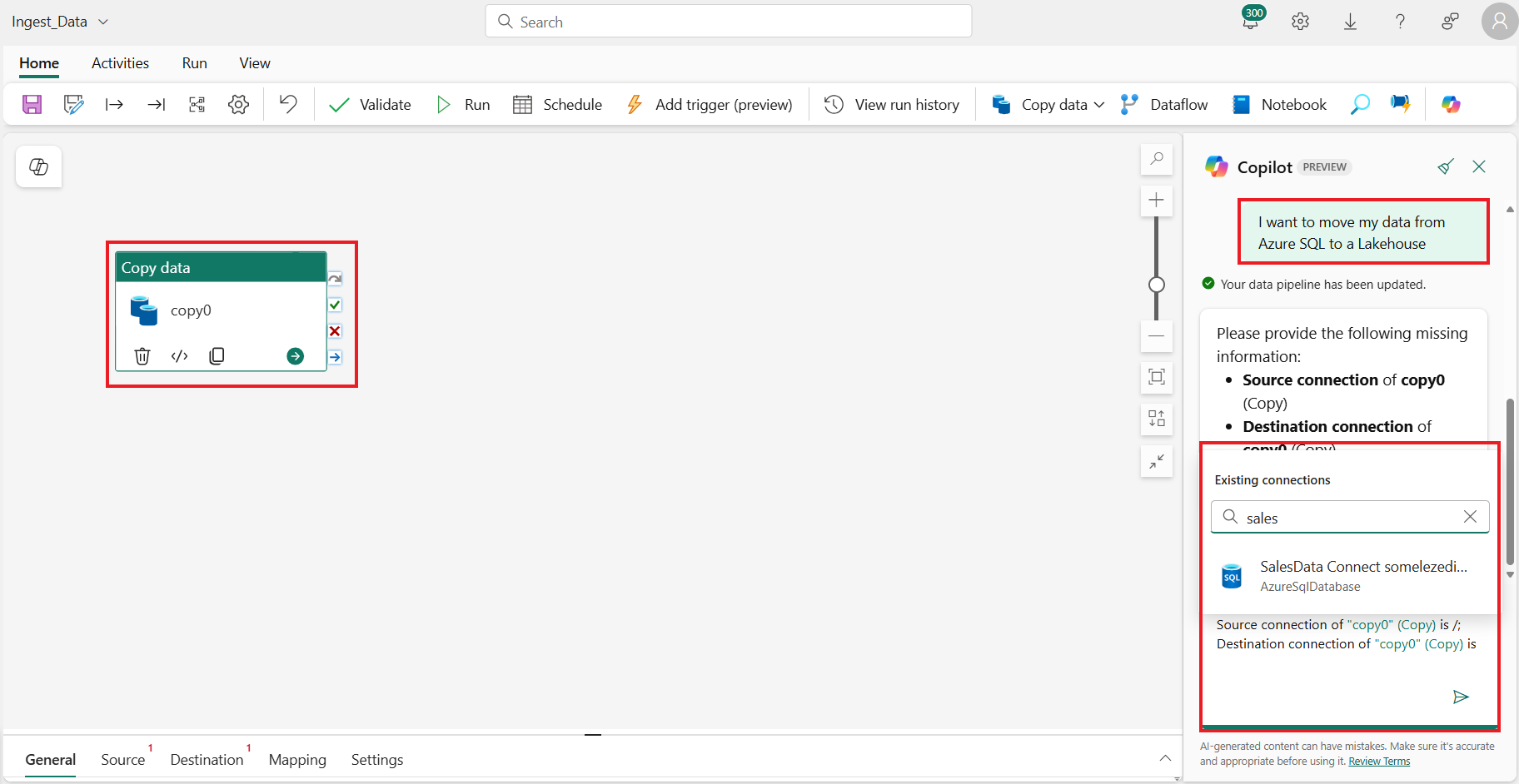 Setting up source and destination connections using Copilot pane for copy pipeline activity