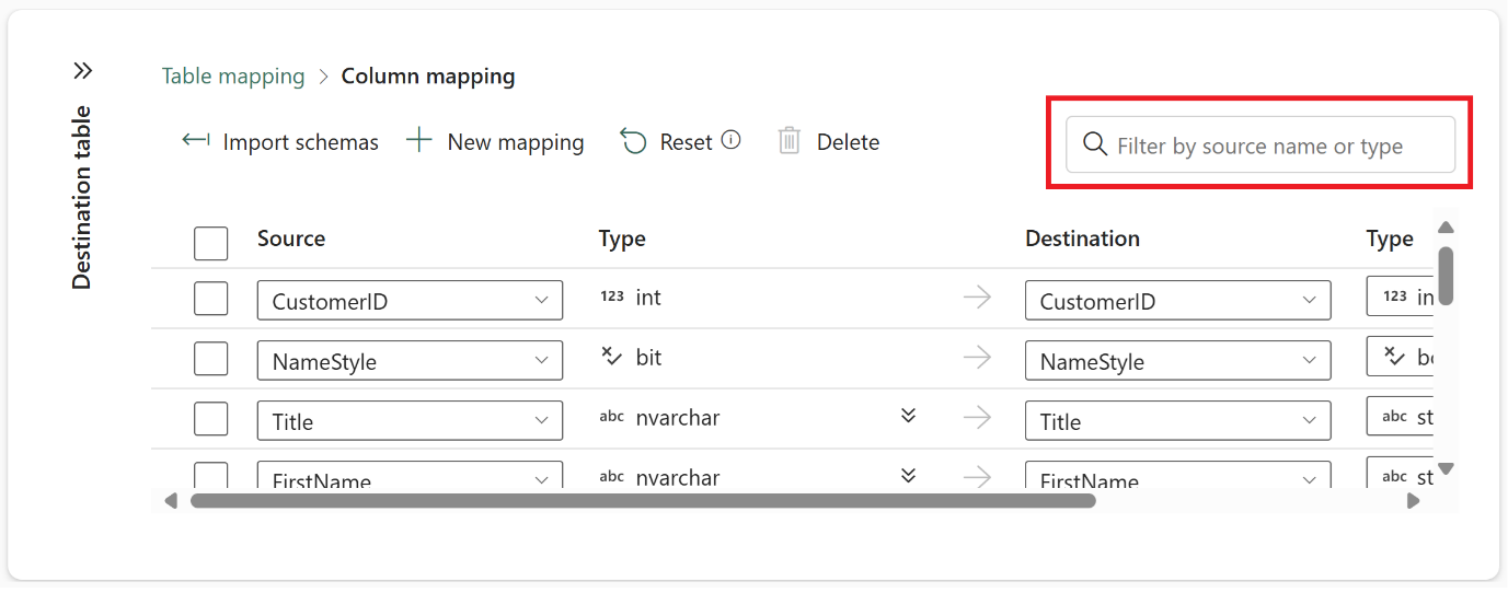 Column mapping section showing "Filter by source name or type" option