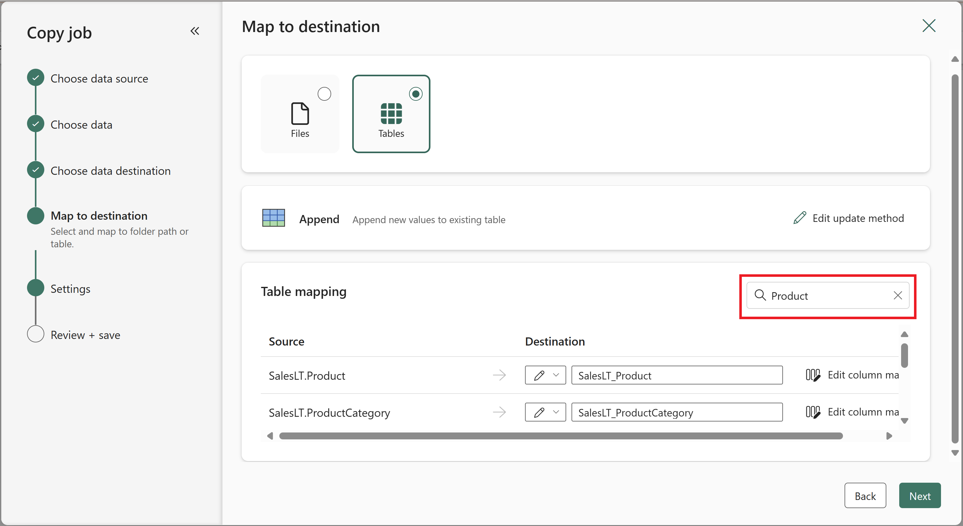 Map to Destination page from Copy job creation wizard showing the Table mapping section filtered by "Product" keyword and displaying all source tables containing "Product" keyword. 
