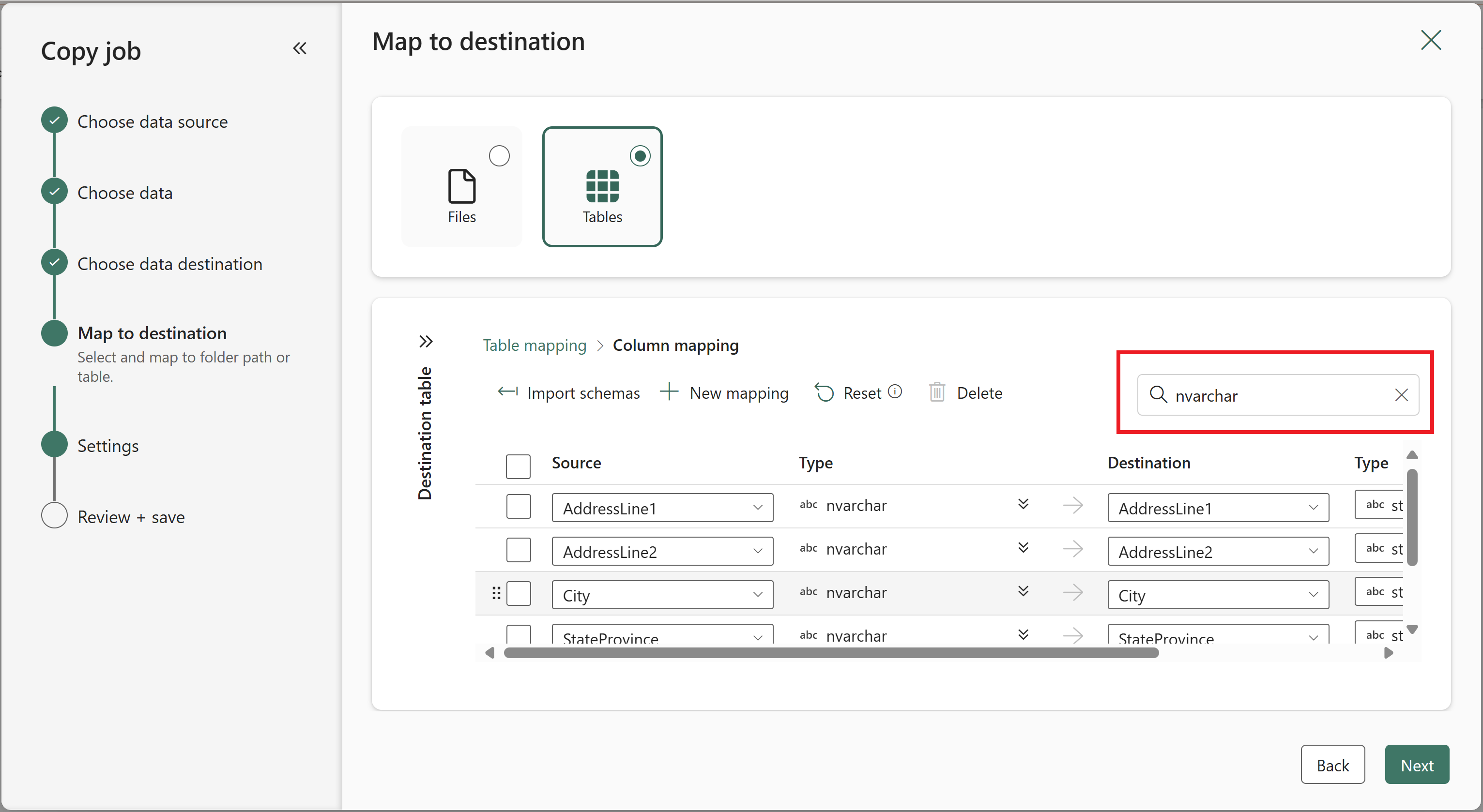 Map to destination page of Copy job creation wizard showing column mapping section filtered on "nvarchar" keyword