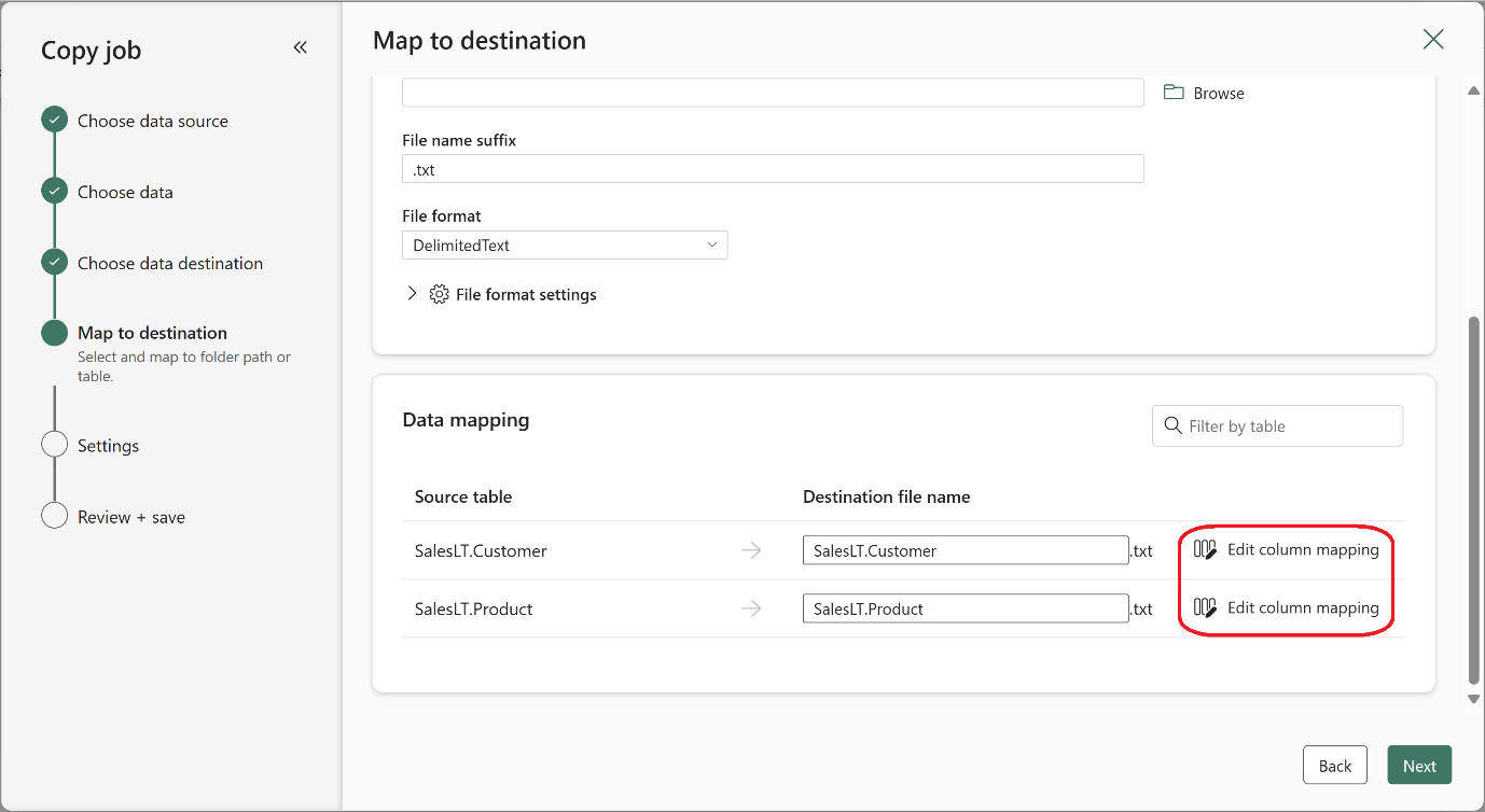 Screenshot of Copy Job creation wizard in "Map to destination" page where "Edit column mapping" button is available now for File based destination.