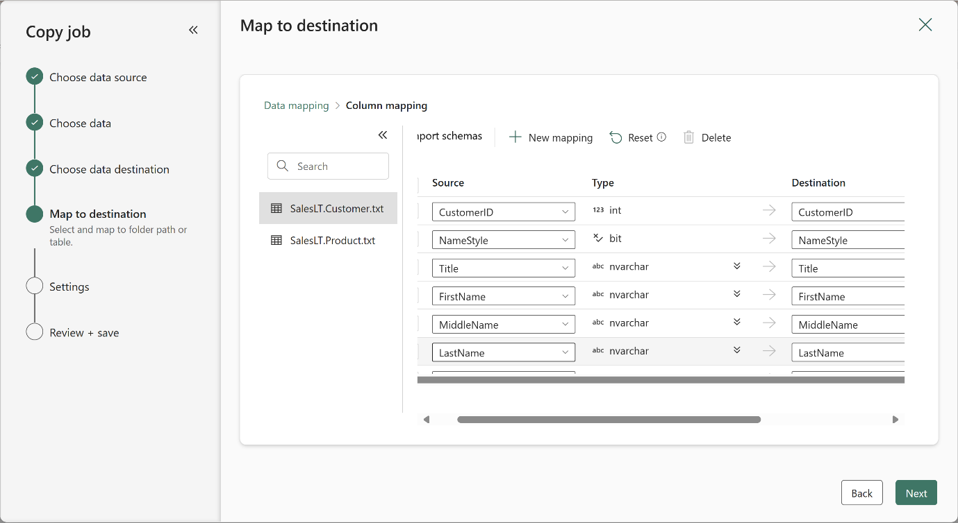 Screenshot of Copy Job creation wizard in "Map to destination" page where "Column mapping" page is displayed