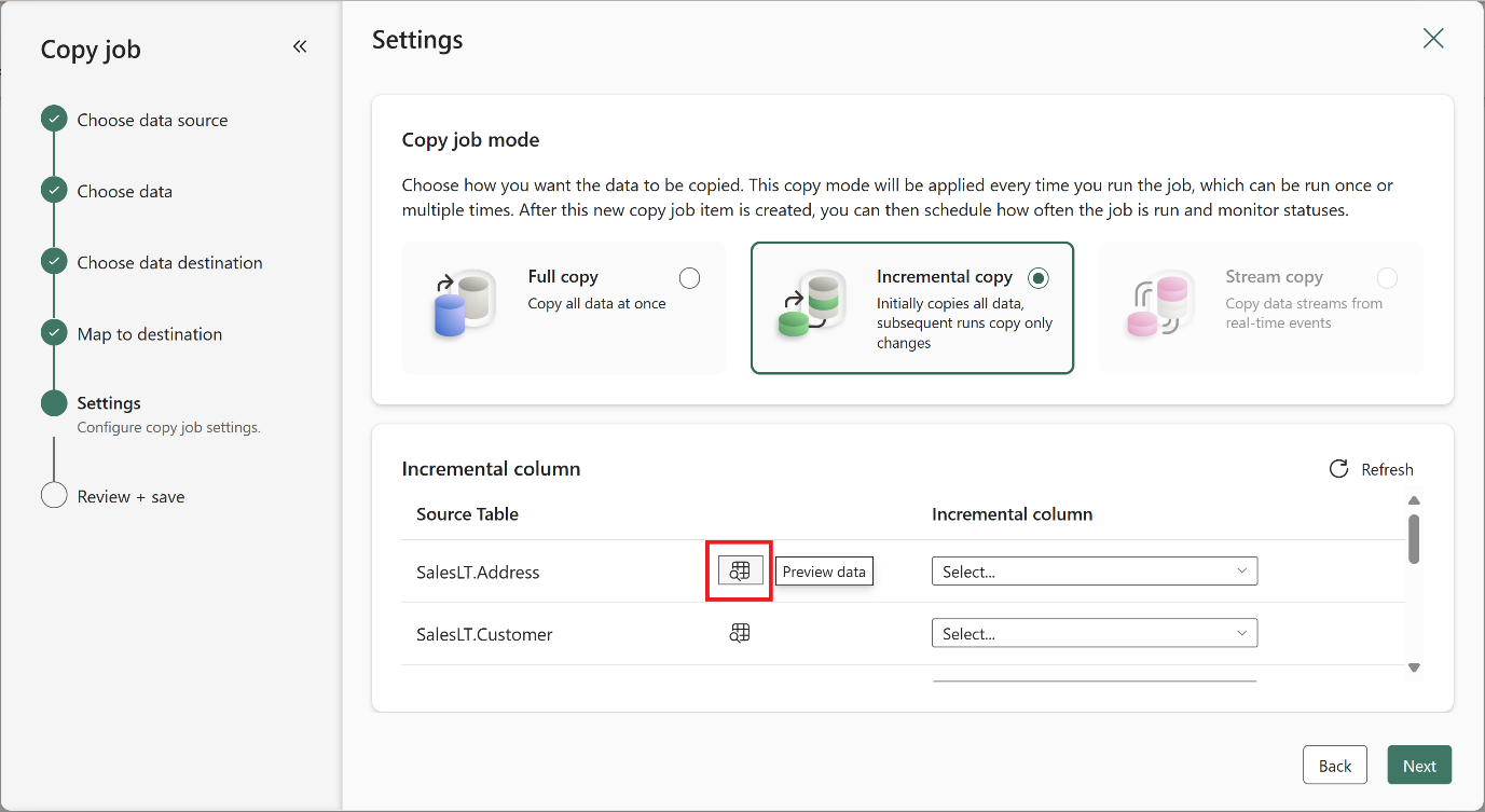 Screenshot of Copy Job creation wizard in "Settings" page where different "Copy job mode" are displayed with "Incremental copy" selected and "Preview data" button available for source tables.