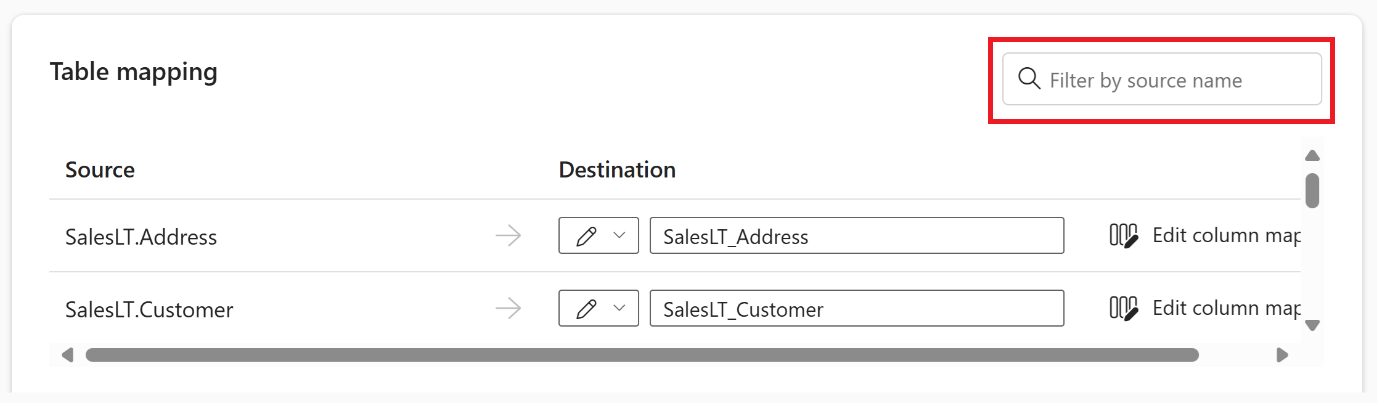 Table mapping section showing "Filter by source name" option