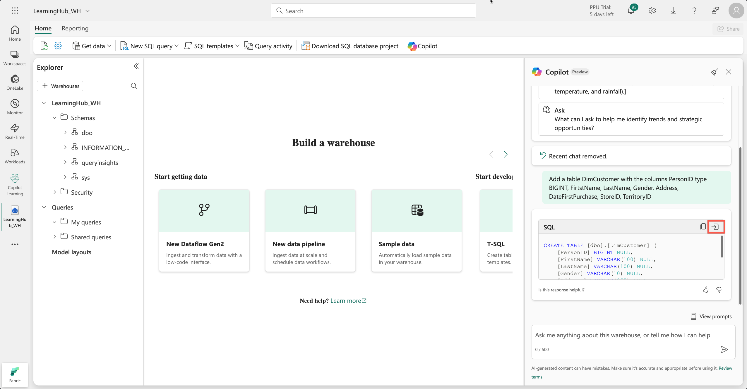 Screenshot of Microsoft Fabric Data Warehouse interface showing a response card with the SQL code to create a table_