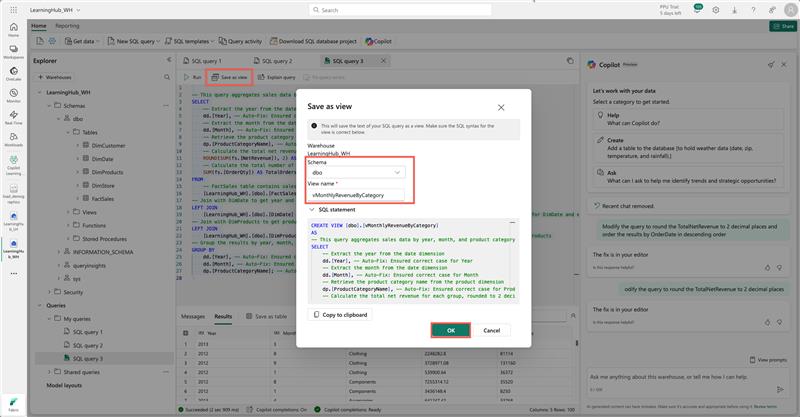 Screenshot of Microsoft Fabric Data Warehouse interface showing the Save as view dialog_