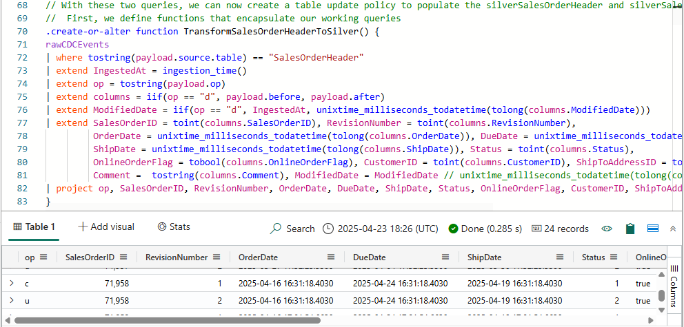 KQL Function definition, used in a Table Update Function to query for Sales Orders from the rawCDCEvents table.