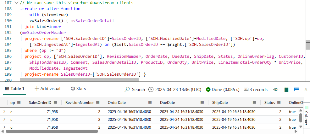 Latest Value View definition; joins together the Sales Orders Header and Sales Order Detail materialized views. 