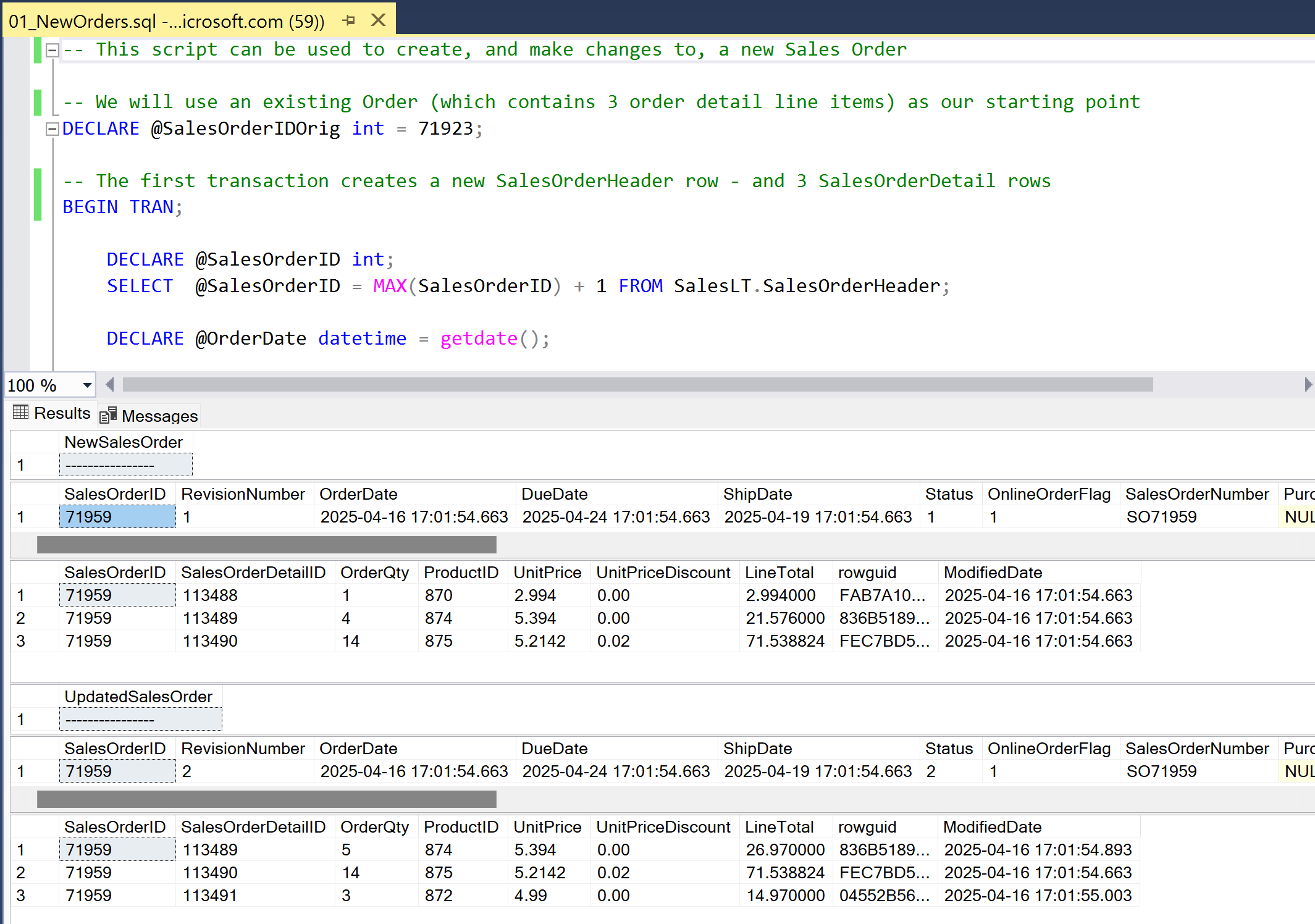 New Sales Order Header and Sales Order Detail being generated in the Azure SQL Database via a T-SQL script.