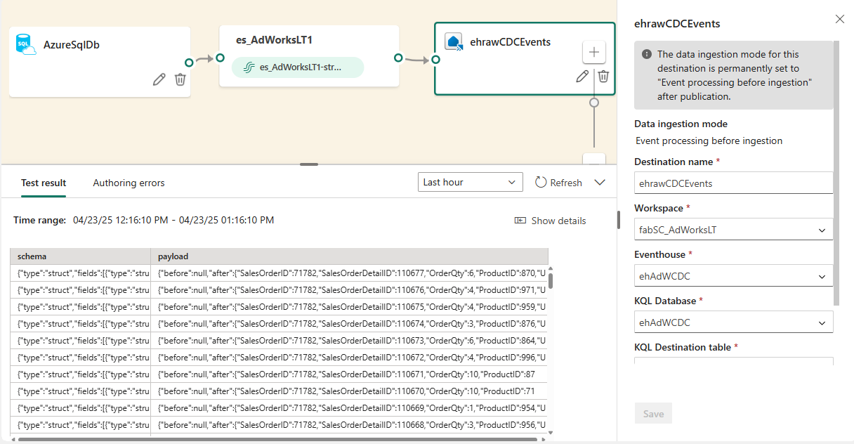 Screenshot of the Eventstream designer in Fabric, showing an Azure SQL DB as a source - and a single KQL database table as the destination.