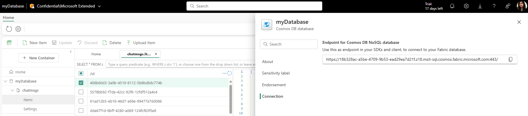 Picture of Fabric database endpoint for Cosmos DB